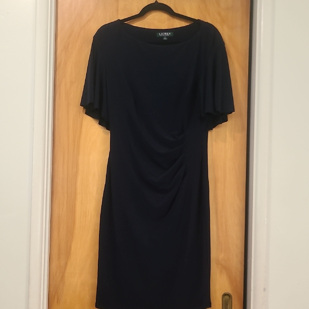 Lauren Ralph Lauren Black Sheath Dress Bateau Neckline Flutter Sleeves